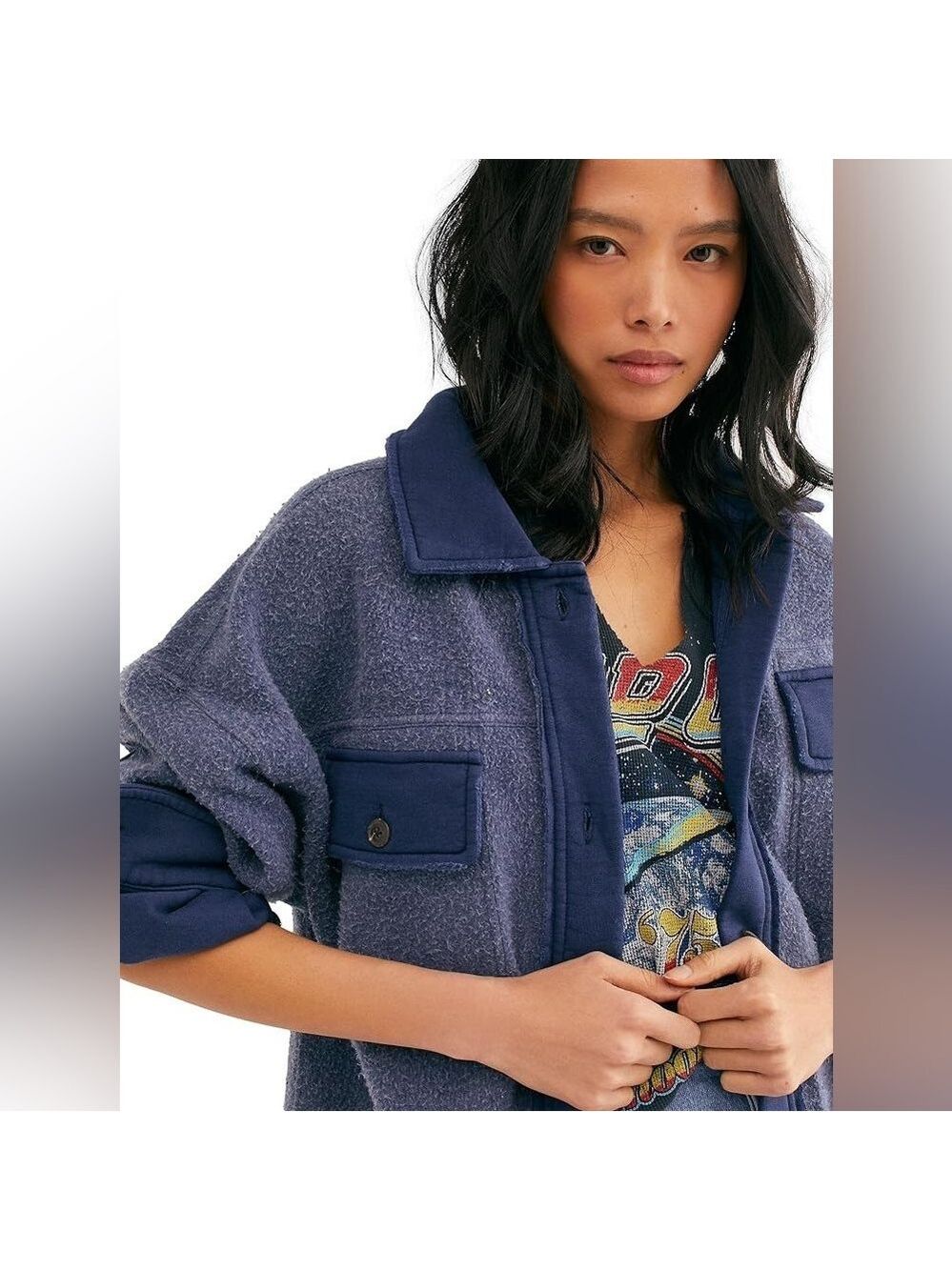 Free People Jacket Women's Size Large Oceania Blue Ruby Jacket oversized Shacket - Picture 17 of 17